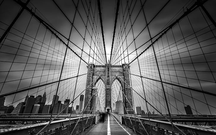 Brooklyn Bridge Bridge Cables New York Buildings Skyscrapers BW HD