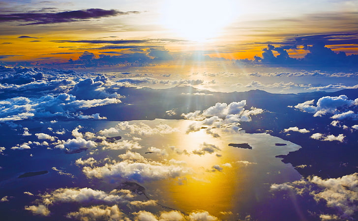 Sunset from a Plane, white cirrus clouds, Nature, Sun and Sky