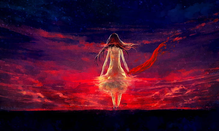 artwork, NanFe, anime girls, sky