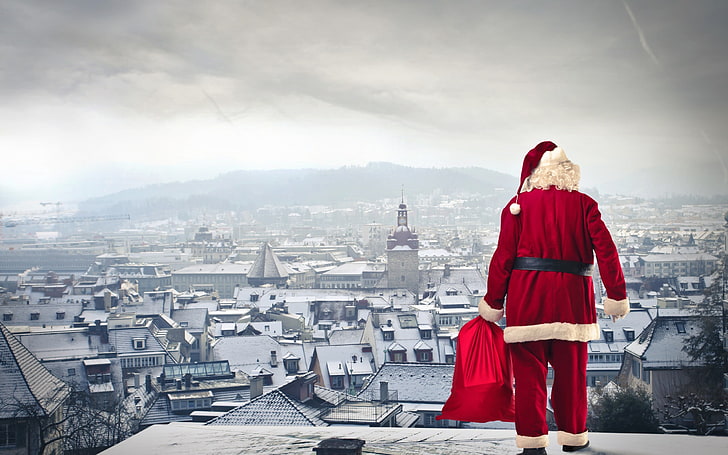 Santa Claus costume, Christmas, New Year, rooftops, city, architecture, HD wallpaper