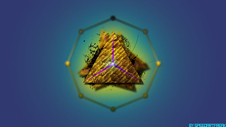 octagonal brown artwork, triangle, gold, blue, digital art, no people, HD wallpaper