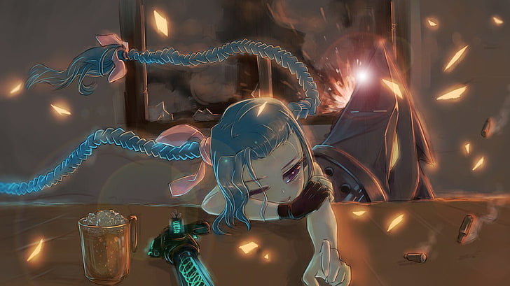 blue-haired girl character, Jinx (League of Legends), artwork, HD wallpaper