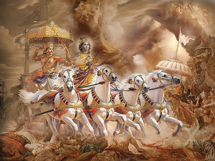HD wallpaper: Krishna Bhagavad Gita, two men riding horses under brown sky  painting | Wallpaper Flare