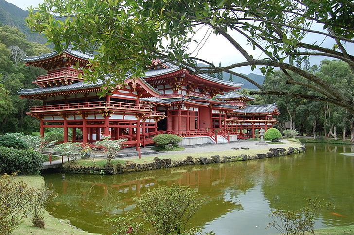 Asia, architecture, building, ancient, water, trees, built structure