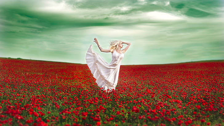 field, girl, flowers, mood, Maki, dance, dress, Vanessa Galway, HD wallpaper