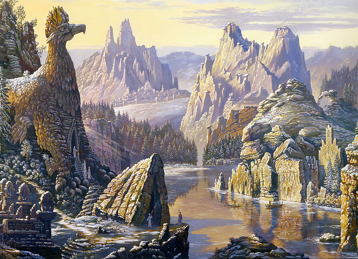 brown rock formation painting, autumn, mountains, lake, rocks