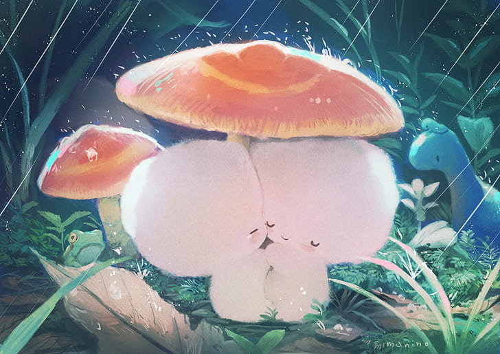 Fantasy, Creature, Cute, Frog, Love, Mushroom, Rain
