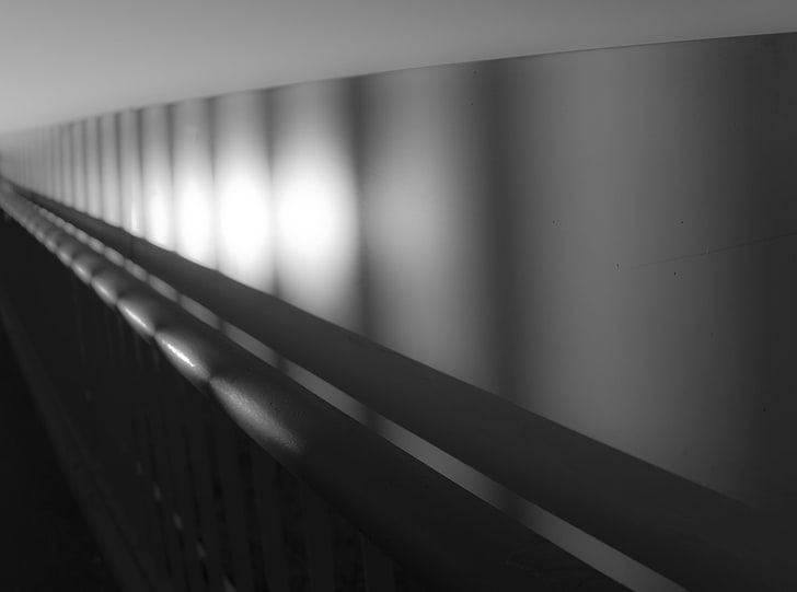 monochrome, black, white, abstract, railing, indoors, architecture