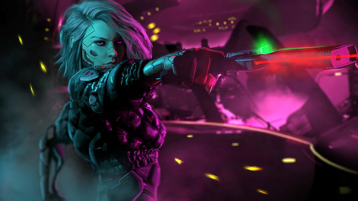 Warrior Girl in Cyberpunk City, HD wallpaper