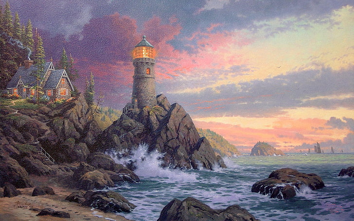 house beside lighthouse and body of water painting, wave, rock