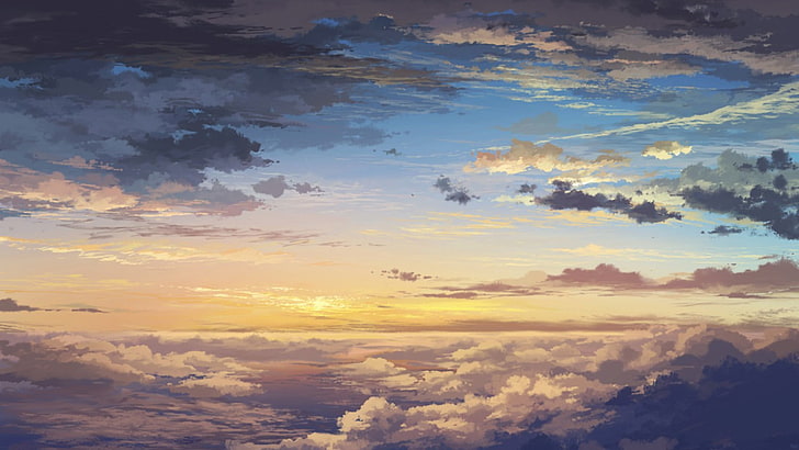 blue and white sky, anime, landscape, clouds, nature, sunset