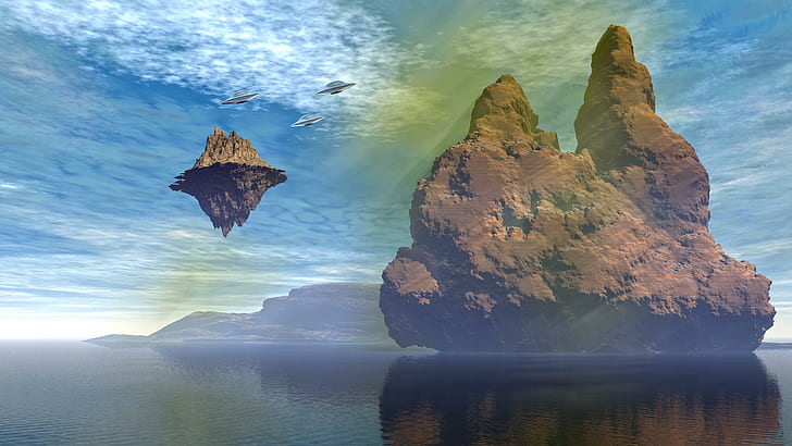 fantasy landscape, ufo, unidentified flying object, rock, alien landscape