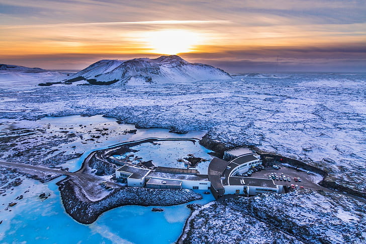 nature, landscape, winter, snow, ice, Iceland, sunset, lake, HD wallpaper