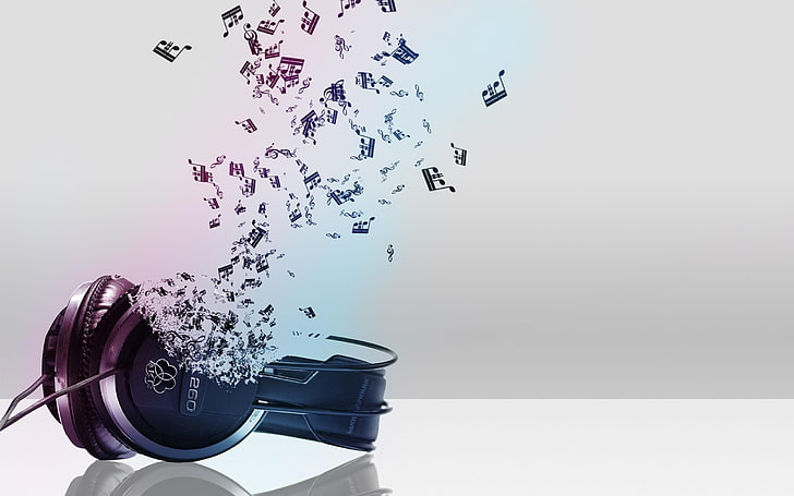 Music Comes From The Headphones, black and gray headphones with musical notes edited photo, HD wallpaper