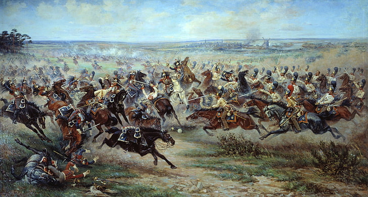 horsemen clashing near tall trees painting, field, war, smoke