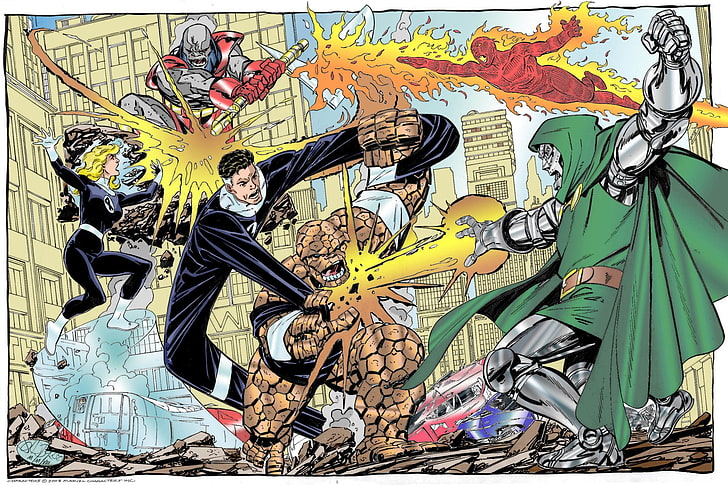 Comics, Fantastic Four, Ben Gimm, Doctor Doom, Human Torch (Marvel Comics)