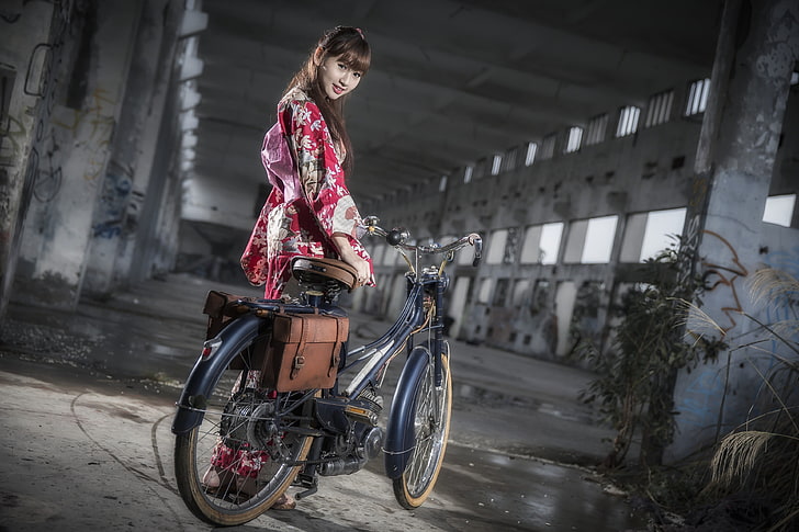 Asian, bicycle, women, model, women with bicycles, real people, HD wallpaper