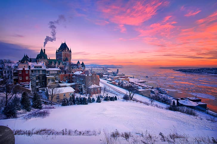 winter, snow, sunset, river, building, home, Canada, Quebec, HD wallpaper