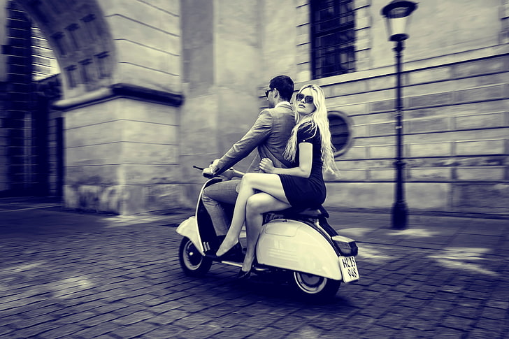 grayscale motor scooter, girl, the city, guy, vintage, retro, HD wallpaper
