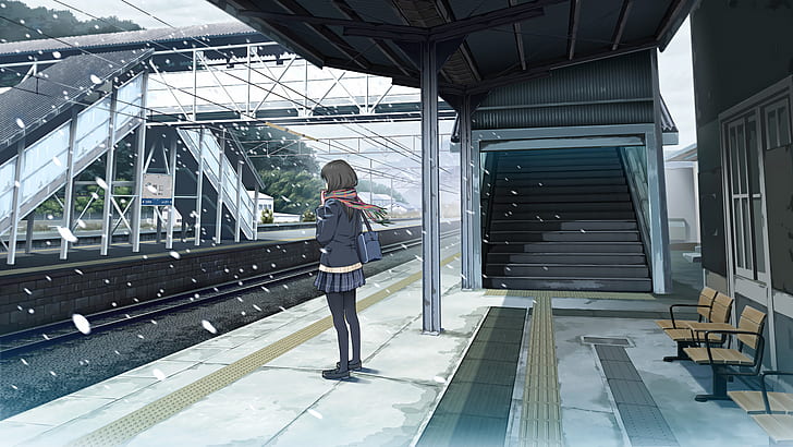 train station, anime, scarf, short hair, snowing, school uniform