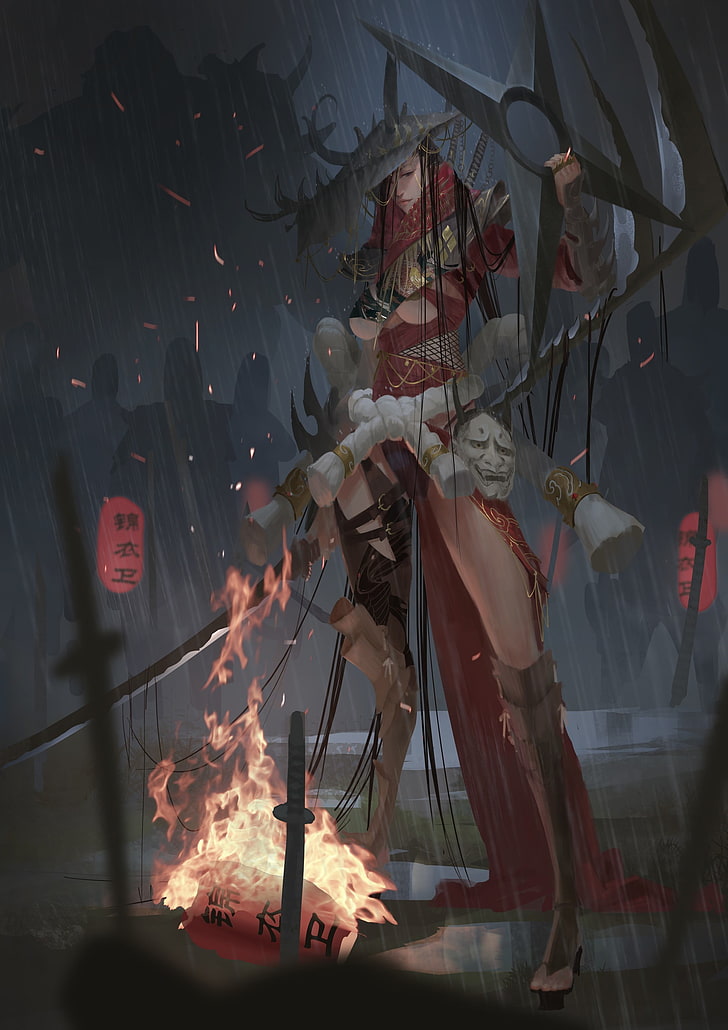 female carrying shuriken digital wallpaper, fantasy art, witch