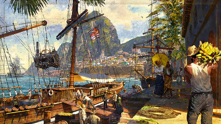 Anno 1800, 1800s, digital art, concept art, ship, harbor, South America