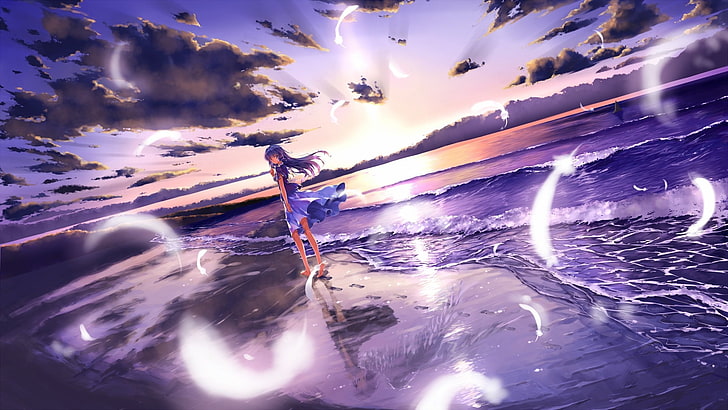anime girls, original characters, beach, sky, sea, clouds, water