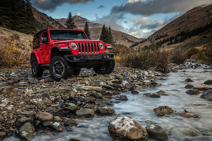 water, mountains, red, stones, 2018, Jeep, Wrangler Rubicon, HD wallpaper