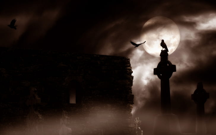 cemetery, Dark, Gothic, graveyard, halloween, horror, raven