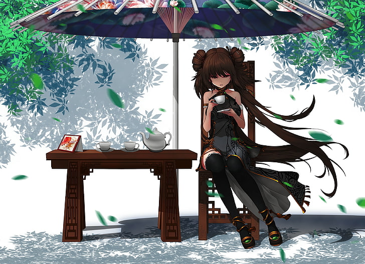 dungeon and fighter, anime girl, brown hair, sitting, coffee