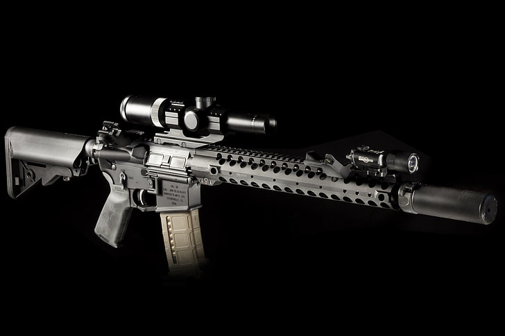 black assault rifle, weapons, background, flashlight, optics