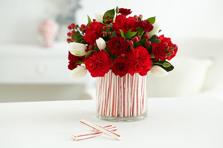 red Carnation and Rose and white Tulip flower centerpiece, tulips, carnations, holly, tulips, carnations, holly, HD wallpaper