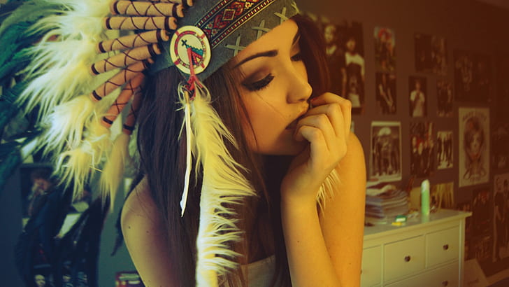women people feathers amateurs melanie iglesias hats faces indian warm 1920x1080  People Girl HD Art, HD wallpaper