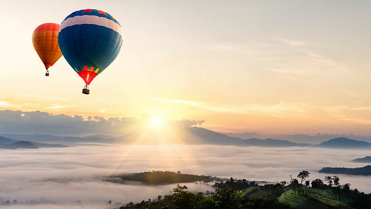 landscape, hot air balloons, sun rays, clouds, mountains, skyscape, HD wallpaper