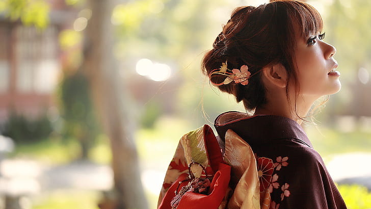 Japanese girl back view, kimono, HD wallpaper