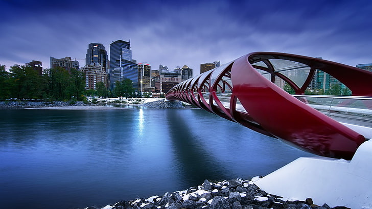 red tunnel, bridge, city, Calgary, water, architecture, built structure