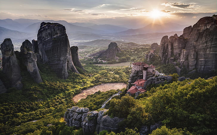 Greece, monastery, Meteora, World Heritage, mountains, sunrise