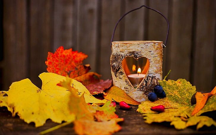 Autumn Leaves Candle Lantern Heart Love, HD wallpaper
