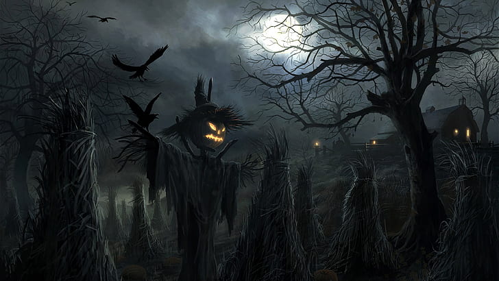 moonlight, darkness, scarecrow, full moon, halloween night, HD wallpaper