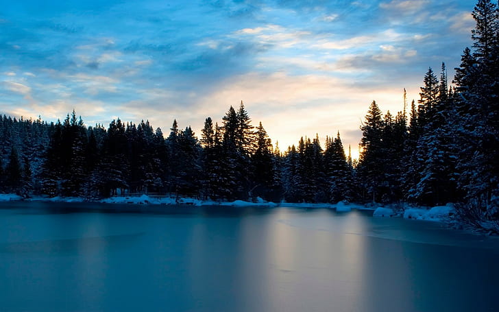 nature, lake, ice, snow, sunset, trees, forest, clouds