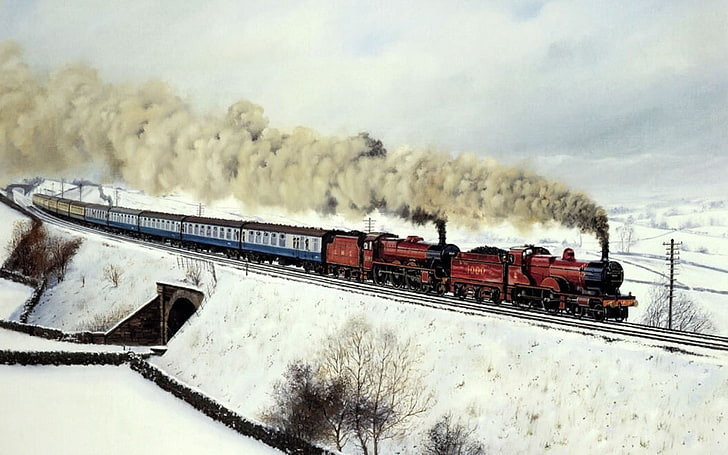brown and blue steam train, nature, artwork, vehicle, winter