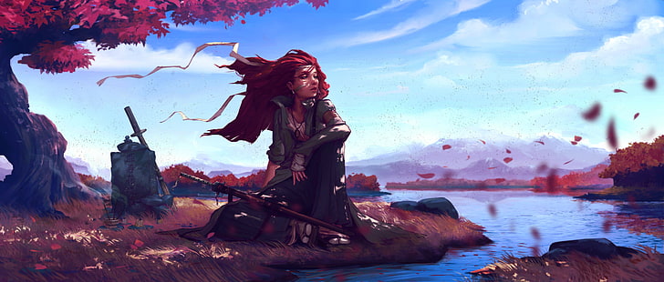 female anime character, red hair girl character illustration