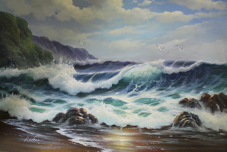 painting of sea waves hitting on seashore, nature, water, coast