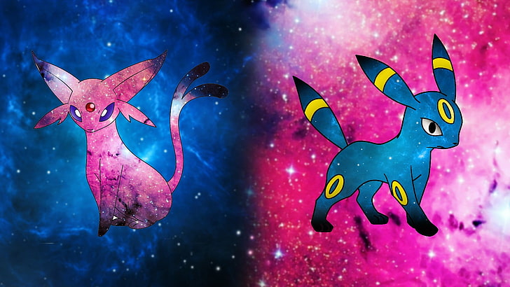 Pokemon Umbreon, Pokémon, space, Espeon, Pikachu, blue, pink, HD wallpaper
