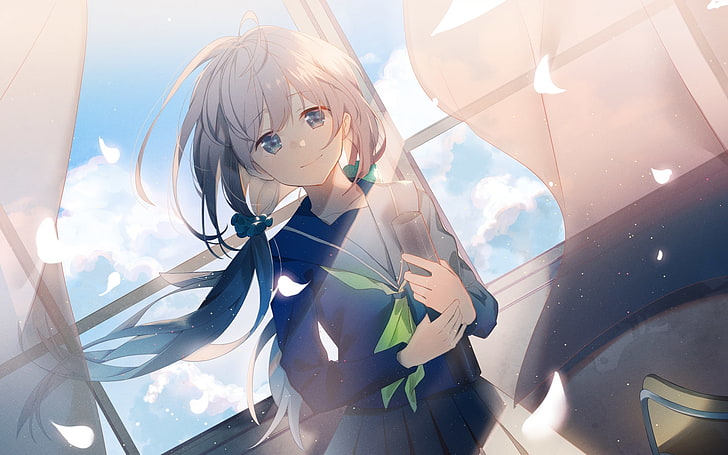 anime girl, window, clouds, smiling, aqua eyes, one person, HD wallpaper