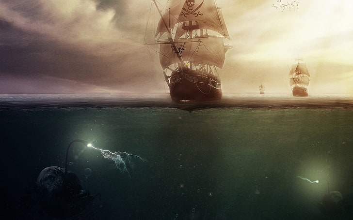 black and white sailboat digital wallpaper, pirates, underwater