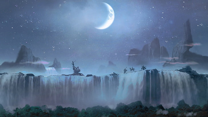 moon and waterfalls, river, mountains, rock formation, trees