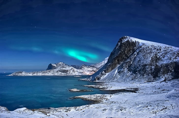 Landscape Winter Snow Mountains Sea Northern Lights Lofoten Islands Norway For Android, HD wallpaper