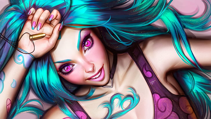 digital art, women, blue hair, bullet, smiling, fantasy girl
