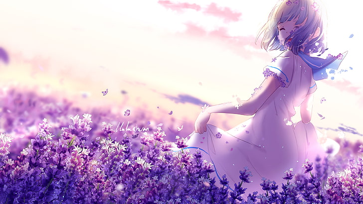 HD wallpaper: Anime Girl Lavender Purple Flowers 4K, flowering plant, one  person | Wallpaper Flare